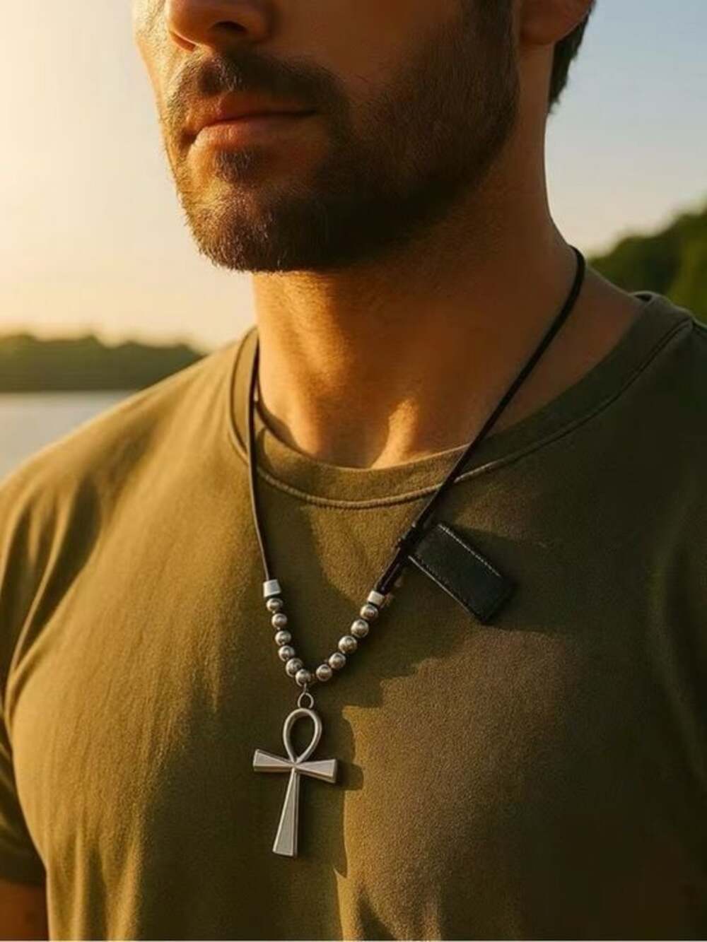 Black Leather Cord Necklace with Silver Ankh and Bead Accents